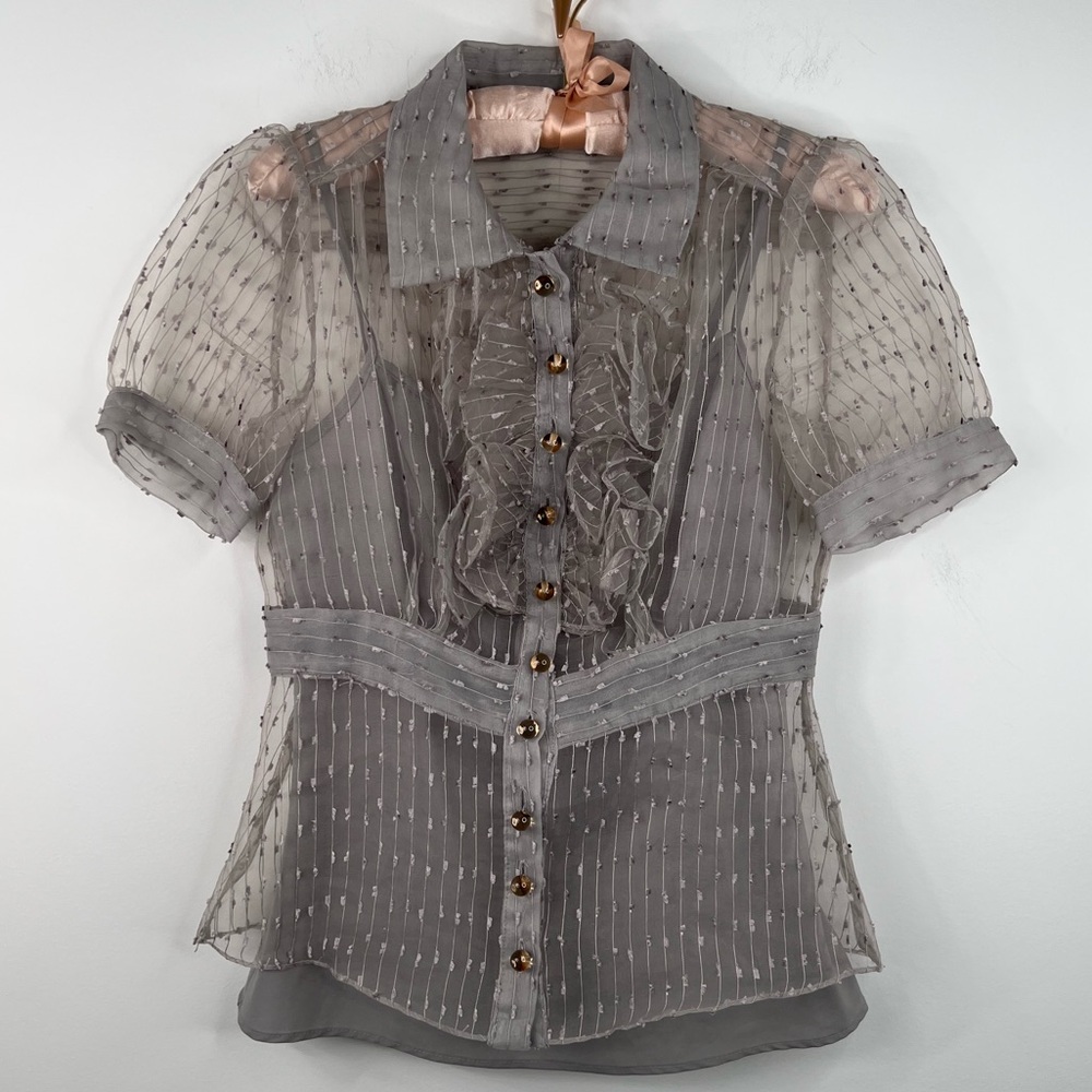Betsey Johnson Sheer Gray Blouse with Ruffle Front, EUC